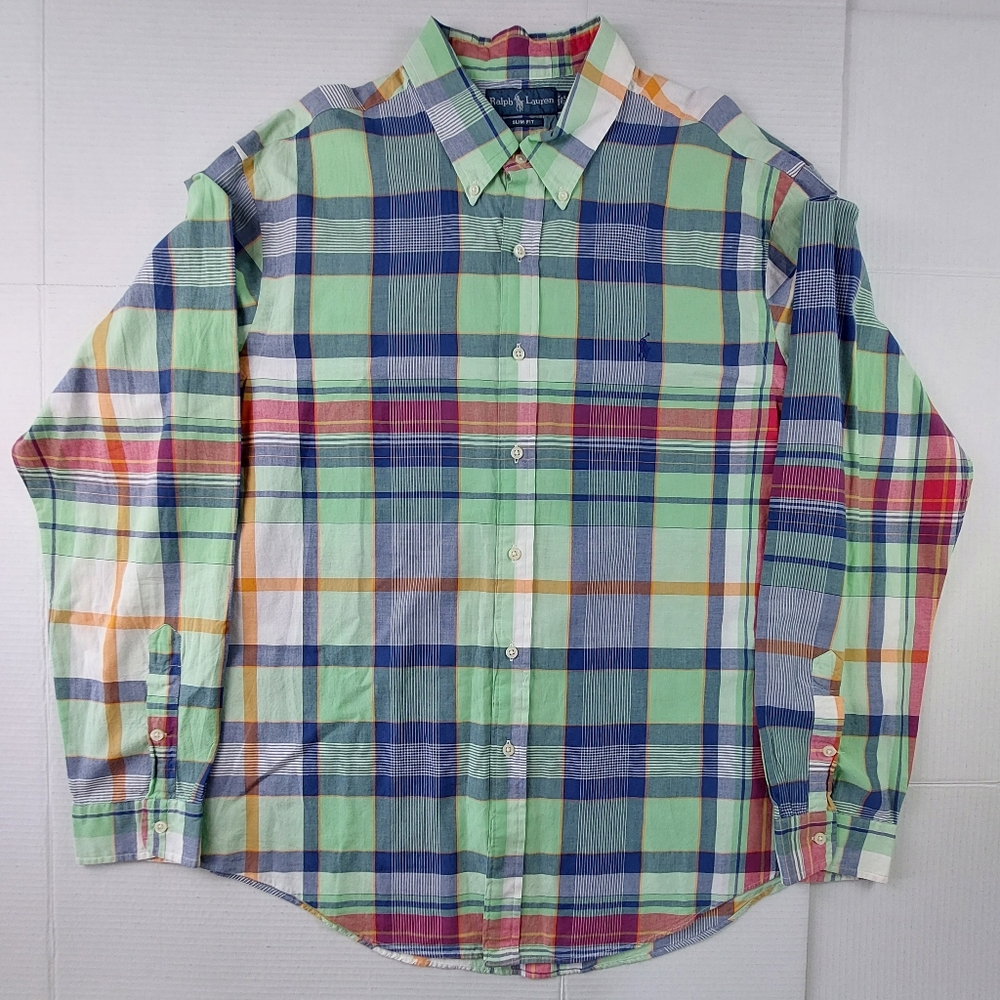 Ralph Lauren Shirt Mens 2XL XXL Multicolor Plaid Pastel Slim Fit Blue Pony